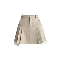 High Waist Pleated Skirt Women Summer Preppy Style A Line Mini Skirts Contrast Color Woman Short Skirts Female M Khaki