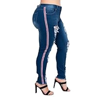 Plus Size Distressed Ripped Blue Wash Mid Rise Jeans with Red Stripe | Size - 22