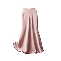 Summer Silk Midi Skirts Womens Korean Style Satin Office Lady Simple Elegant Loose Long Black Skirts