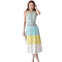 Runway Summer Knitted Long Dress Women Sleeveless Print Geometric Plaid Vest Sweater Dress Vintage Bright Silk