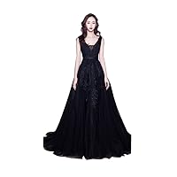 Women's V-Neck Tulle Beaded Appliques Long Evening Cocktail Gowns Formal Dress