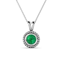 Round Emerald 3/4 ct Womens Rope Edge Bezel Set Solitaire Pendant Necklace 16 Inches 925 Sterling Silver Chain