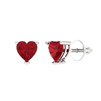 1.50 ct Heart Cut Solitaire Genuine Simulated Red Ruby Pair of Designer Stud Earrings Solid 14k White Gold Screw Back