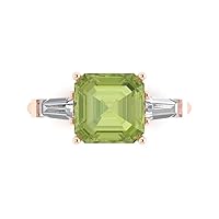 3.44ct Asscher cut 3 stone Solitaire Vivid Green Peridot Proposal Designer Wedding Anniversary Bridal ring 14k Rose Gold