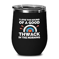 Archery Black Wine Tumbler 12oz - Thwack in the morning - Archery Shot Trainer Crossbow Compound Bow Hunting Arrow