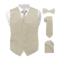 Solid Color Satin Suit Vest for Men Set of 4 - Vest, Tie, Bow Tie & Pocket Square (White Back)