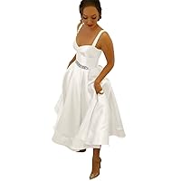 Tsbridal Women Short Bridesmaid Dresses Vintage Satin Sleeveless A-Line Wedding Party Formal Gown Pocket Beads