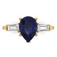 Clara Pucci 2.6 ct Pear Baguette cut 3 stone Solitaire W/Accent Simulated Blue Sapphire Anniversary Promise Bridal ring 18K Yellow Gold