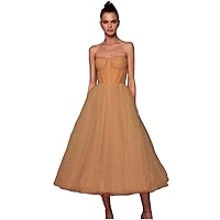 Women's Tea Length Sleeveless Bridesmaid Dress Simple V Neck Party Gowns Golden