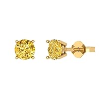 Clara Pucci 1.94cttw Round Cut Solitaire Genuine Canary Yellow Simulated Diamond Unisex Pair of Stud Earrings 14k Yellow Gold Push Back