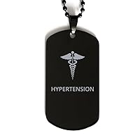 Medical Black Dog Tag, Hypertension Awareness, Medical Symbol, SOS Emergency Health Life Alert ID Engraved Stainless Steel Chain Necklace For Men Women Kids