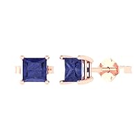 2.0 ct Princess Cut Solitaire Simulated Tanzanite Pair of Stud Everyday Earrings 18K Pink Rose Gold Butterfly Push Back