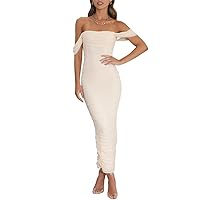 OBEEII Wedding Guest Dresses for Women, Sexy Off The Shoulder Ruched Bodycon Midi Dresses Sleeveless Fitted Semi Formal Summer Beach Bridesmaid Cocktail Party Dresses Beige XL
