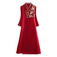 Autumn Women Sleeve Dress Retro Chinese Style Elegant Embroidery Lady Party