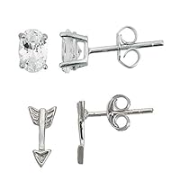 Sterling Silver Rhodium Arrow & 4x6mm AAA Oval Solitaire Stud Earring Set