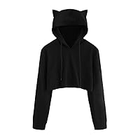 Womens Cute Cat Ear Hoodies Teen Girls Long Sleeve Drawstring Hooded Sweatshirts Casual Crop Pullover Tops