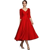 Women's V Neck 3/4 Sleeve Evening Dresses Tea-Length Formal Party Gowns