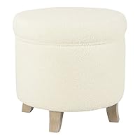 HomePop Round Transitional Faux Sheepskin Fabric Storage Ottoman Home Décor|Upholstered Round Foot Rest Ottoman- Light Cream Large