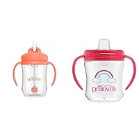 Dr. Brown's Milestones Baby’s First Straw Cup, Training Cup with Weighted Straw, Coral, 6m+ & Transition Sippy Cup with Soft Spout - Pink - 6oz - 6m+