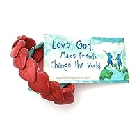 Smiling Wisdom - Love God. Make Friends. Change the World Keepsake Greeting Card and Keepsake Gift Set - Red Heart & Turquoise Magnesite Cross Stretch - Woman - Red Blue