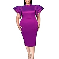 Women's Shiny High Neck Tiered Ruffled Sleeves Bodycon Fitted Cocktail Party Midi Dress