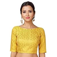 Women's Party Wear Bollywood Polyester Brocade Readymade Style Saree Blouse Elbow Sleeves Bust Non-Padded