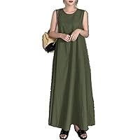 Summer Dress Long Skirt Loose Pockets -Neck Temperament Sleeveless Dresses for Women Clothing Robe -