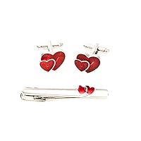 Heart Red Pair of Cufflinks & Tie Bar Clip with Presentation Gift Box & Polishing Cloth