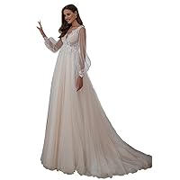 Long Lace Wedding Dresses with Sleeves A-Line Tulle Sweep Train Bridal Gown for Women