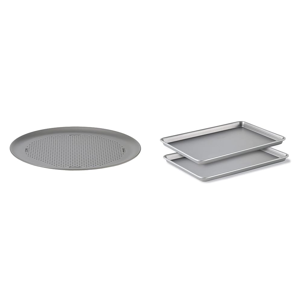 Calphalon Pizza Pan with Holes, 16-Inch Nonstick Round Pizza Crisper, Dishwasher Safe, Silver & Baking Sheets, Nonstick Baking Pans Set for Cookies and Cakes, 12 x 17 in, Set of 2, Silver