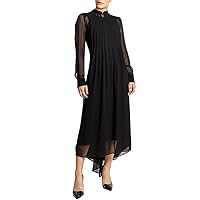 Milano Women's High Collar with Soft Tuck Pleat Detail Dress, Transparent, Flowy and Asymmetrical Hem