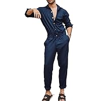 Men' Autumn Long Sleeve Overalls Pants Loose Stylish Casual Solid Color Lapel Button Jumpsuit Streetwear