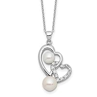 925 Sterling Silver Rhodium Plated 6 7.5mm Fwc Pearl CZ Cubic Zirconia Simulated Diamond Double Love Heart Necklace 17 Inch Jewelry for Women