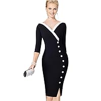 Mature Elegant V-Neck Stylish Button Work Dress Office Female Sleeve Sheath Woman Dress
