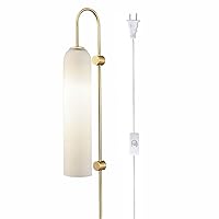 BOKT Plug in Mid Century Modern 1-Light Wall Mounted Light Brushed Gold White Glass Wall Sconce Lighting Plug in Cord Minimalist Anti Brass Bathroom Vanity Wall Light Lamp (White)
