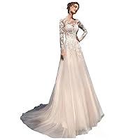 Long Sleeve Shear Neck Lace Wedding Dresses A-Line Corset Button Back Bridal Gown for Women