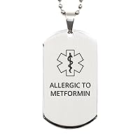 Medical Alert Silver Dog Tag, Allergic to Metformin Awareness, SOS Emergency Health Life Alert ID Engraved Stainless Steel Chain Necklace For Men Women Kids