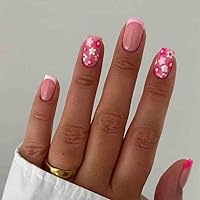 Foccna Square False Press on Nails Pink Medium Acrylic Fake Nails Flower Design for Girl Full Cover Wear Finger Nail Art Tips for Women&Girls 24PCS