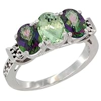 14K White Gold Natural Green Amethyst & Mystic Topaz Sides Ring 3-Stone Oval 7x5 mm Diamond Accent, sizes 5 - 10