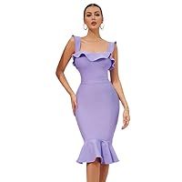 Exclusive Elegant Women Cocktail Formal Dress Purple Ruffle Square Neck Summer Sexy Casual Evening Gown Dress