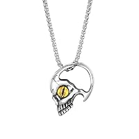 Retro Gothic Stainless Steel Half Face Skull Pendant Necklace with Yellow Evil Eye Gothic Skeleton Pendants for Men Father Boyfriend, Punk Biker Jewelry with 24 inch Chain