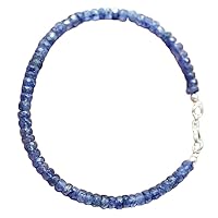 Natural Blue Sapphire 4mm Rondelle Shape Faceted Cut Gemstone Beads 7 Inch Silver Plated Clasp Bracelet For Men, Women. Natural Gemstone Stacking Bracelet. | Lcbr_01692