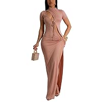 Sexy Hollow Out Short Sleeve Lace Up Party Maxi Dress Womens Elegant Mock Neck Stretch Bodycon Long Dress Clubwear