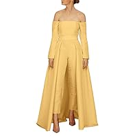 Women's Off Shoulder Jumpsuits Prom Dresses with Detachable Train Long Sleeves Floor Length Evening Gowns Yellow