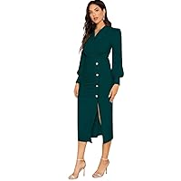 Women's Dress Dresses for Women Shawl Collar Lantern Sleeve Buttoned Split Hem Dress (Color : Dark Green, Size : X-Large)