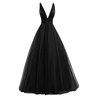 Women's Deep V Tulle Prom Dress Backless Gown Evening Dress Sleeveless