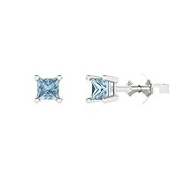 0.50 ct Princess Cut Solitaire Natural Genuine Swiss Blue Topaz Pair of Stud Earrings 18k White Gold Butterfly Push Back