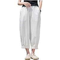 Womens Capri Linen Pants Elastic Waist 3/4 Comfy Loose Casual Pants with Pockets