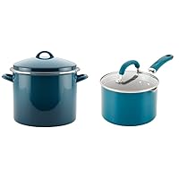 Rachael Ray Enamel on Steel Stock Pot/Stockpot with Lid, 12 Quart, Marine Blue & 12020 Create Delicious Nonstick Sauce Pan / Saucepan with Straining and Lid, 3 Quart - Teal Shimmer