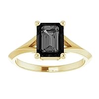Love Band 1 CT Split Shank Emerald Shape Black Diamond Engagement Ring 14k Yellow Gold, Solitaire Black Onyx Ring, Victorian Black Proposal Ring, Anniversary Ring For Her